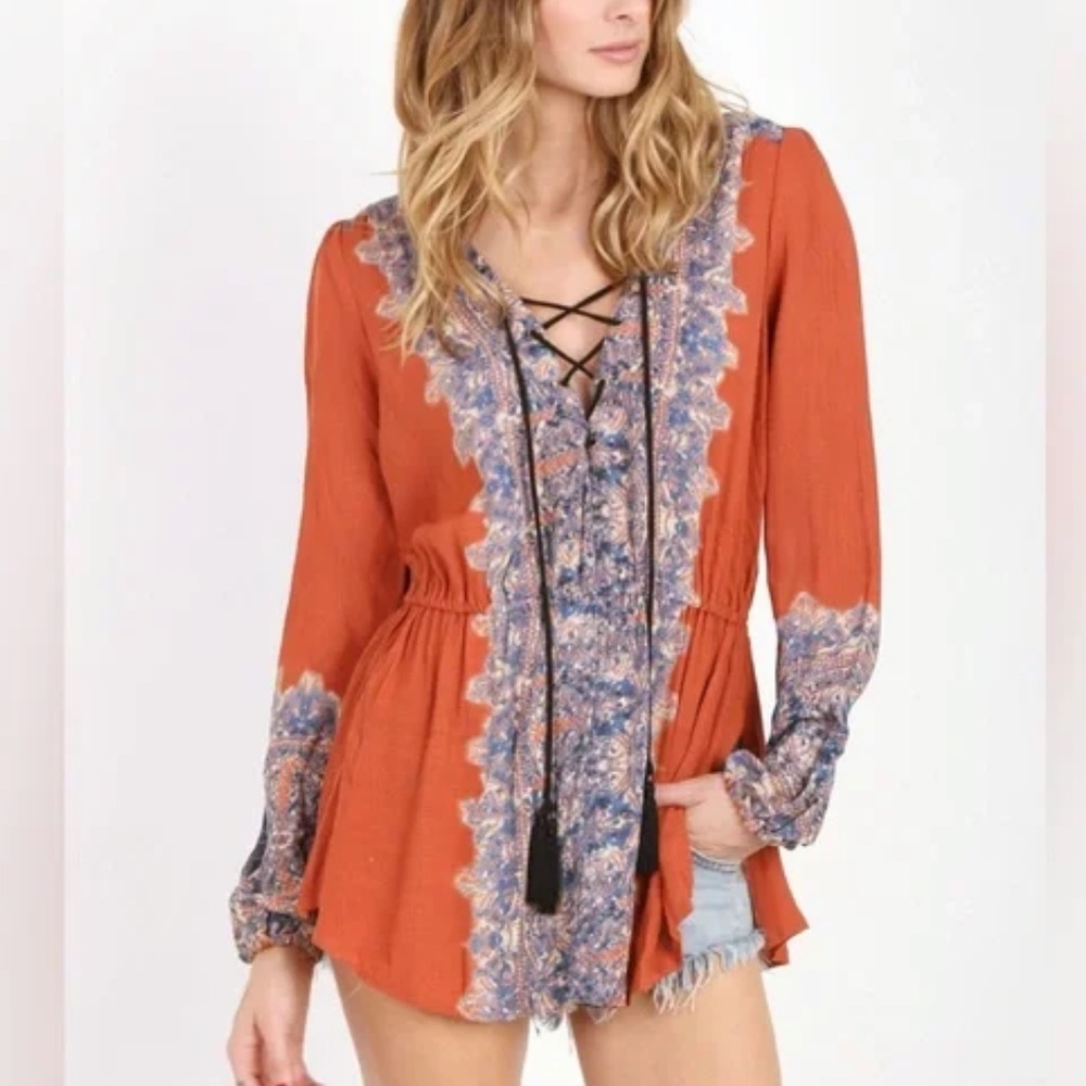 Free People Wildest Tunic in Persimmon Slubbed Crinkle Texture S